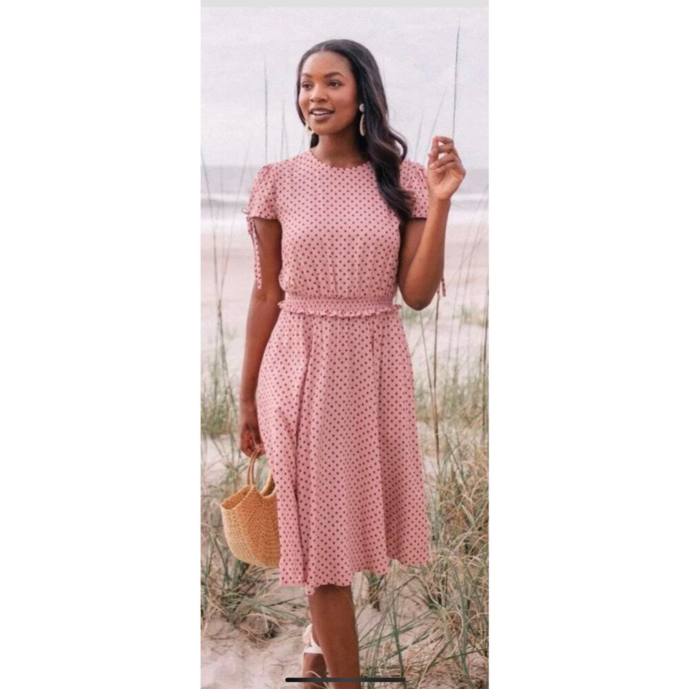 Gal Meets Glam Corinne Polka Dot Dress Midi Size 16 Pink Short Sleeves Sundress